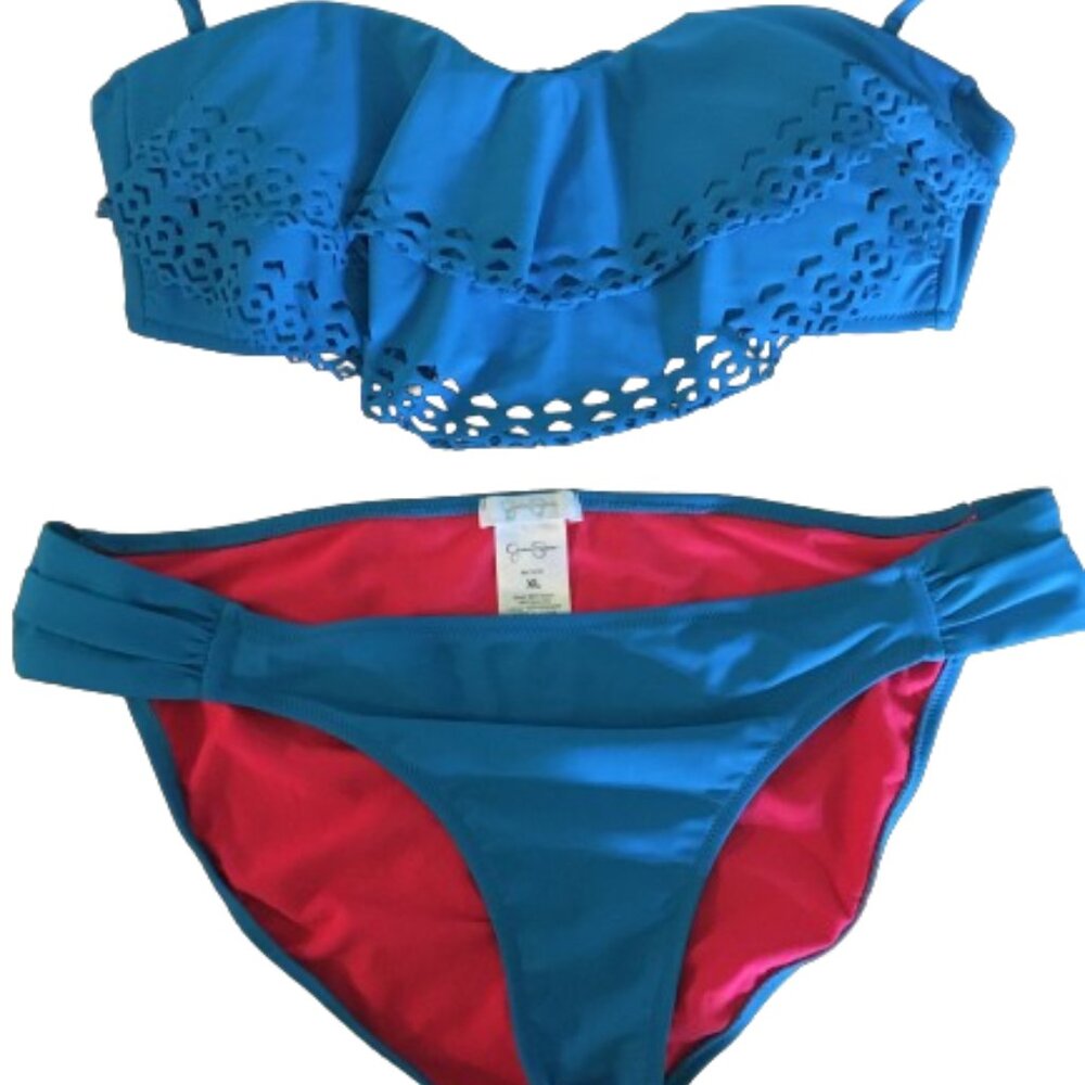 Jessica Simpson Halter Bikini with Ruffle Teal Turquoise Size Large NWOT